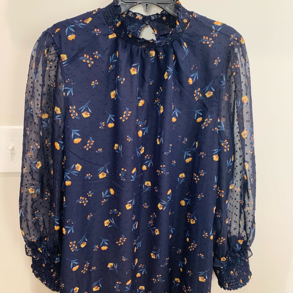 Draper James Floral Swiss Dot Mock Neck Smocked Dress in Nassau Navy (1X) NWT